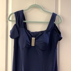 Long formal gown, navy blue off the shoulder